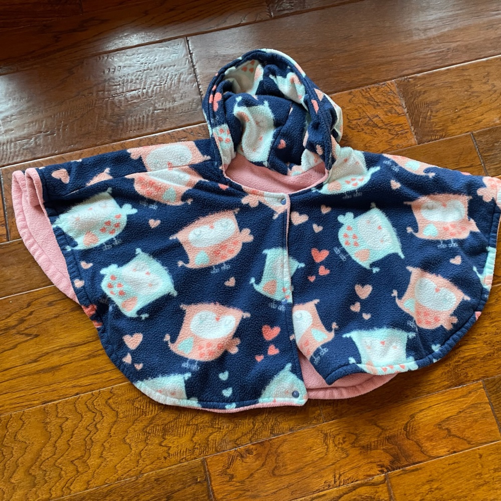 3T car seat poncho owl print navy blue and coral